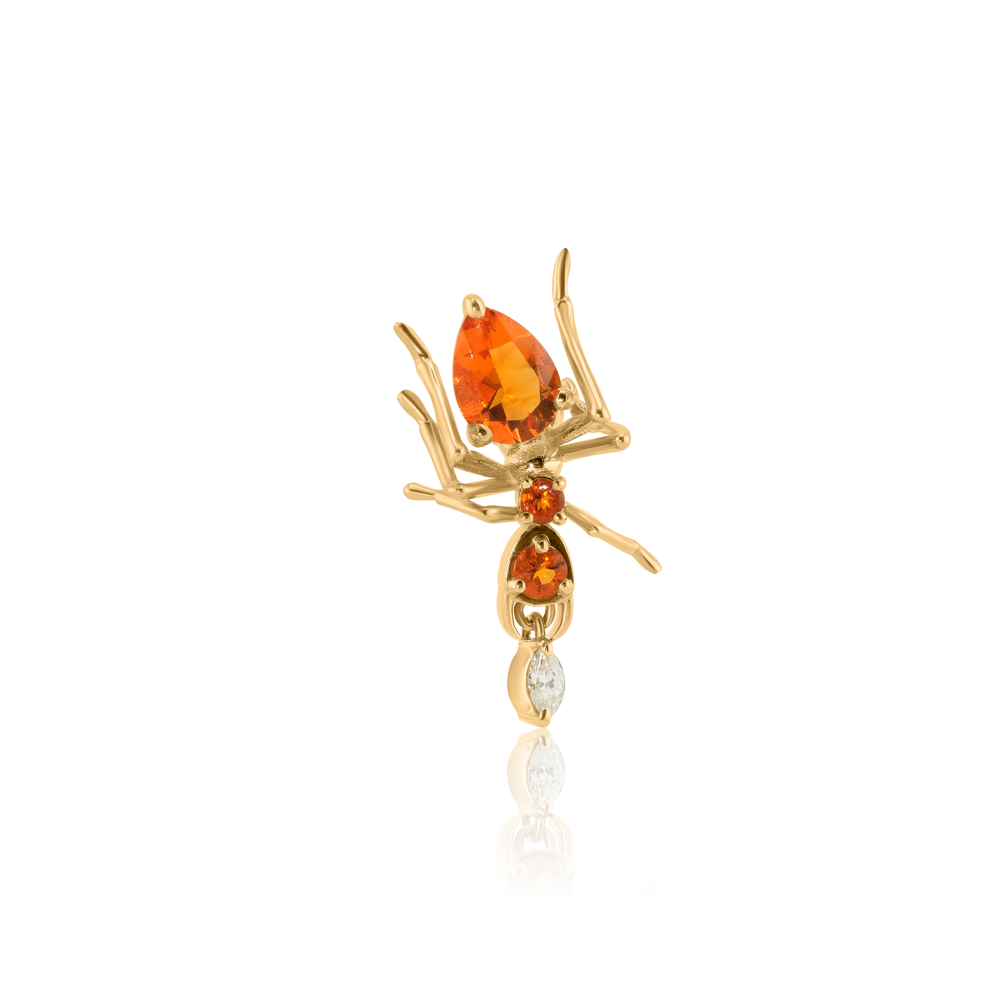 A yellow gold earring stud featuring an intricate design with a orange Mexican Fire Opal and a diamond