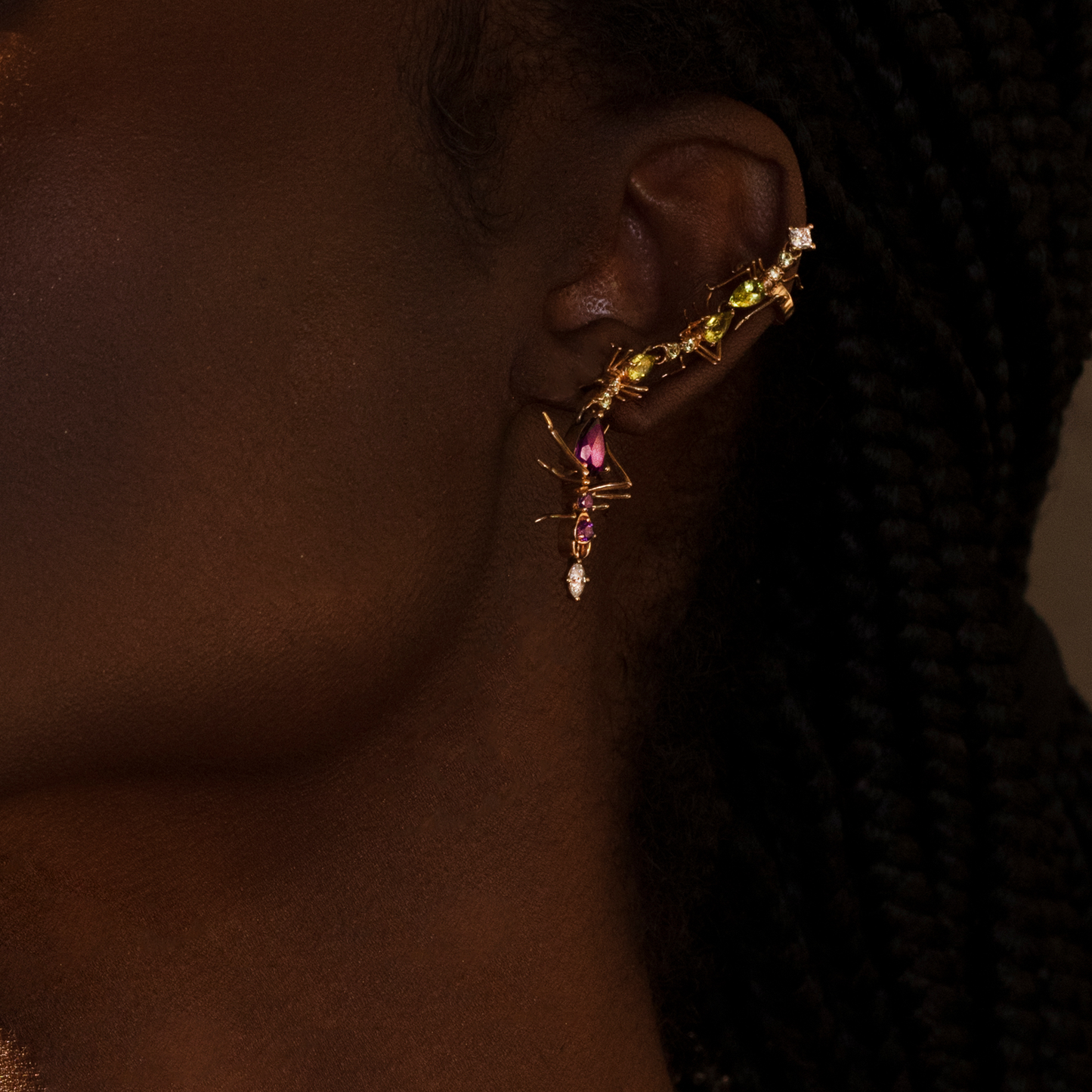 Cocoerow Olofin Earring 14K Yellow Gold Amethyst Peridot Diamond Sculptural Fine Jewelry On Model Side View