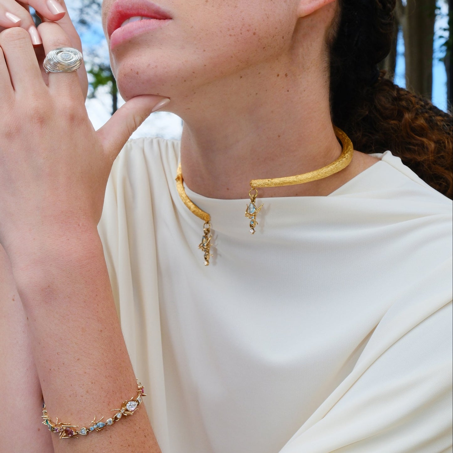 Cocoerow Tree Choker Kokoro Collection 14K Yellow Gold Sculptural Fine Jewelry Side View worn on model