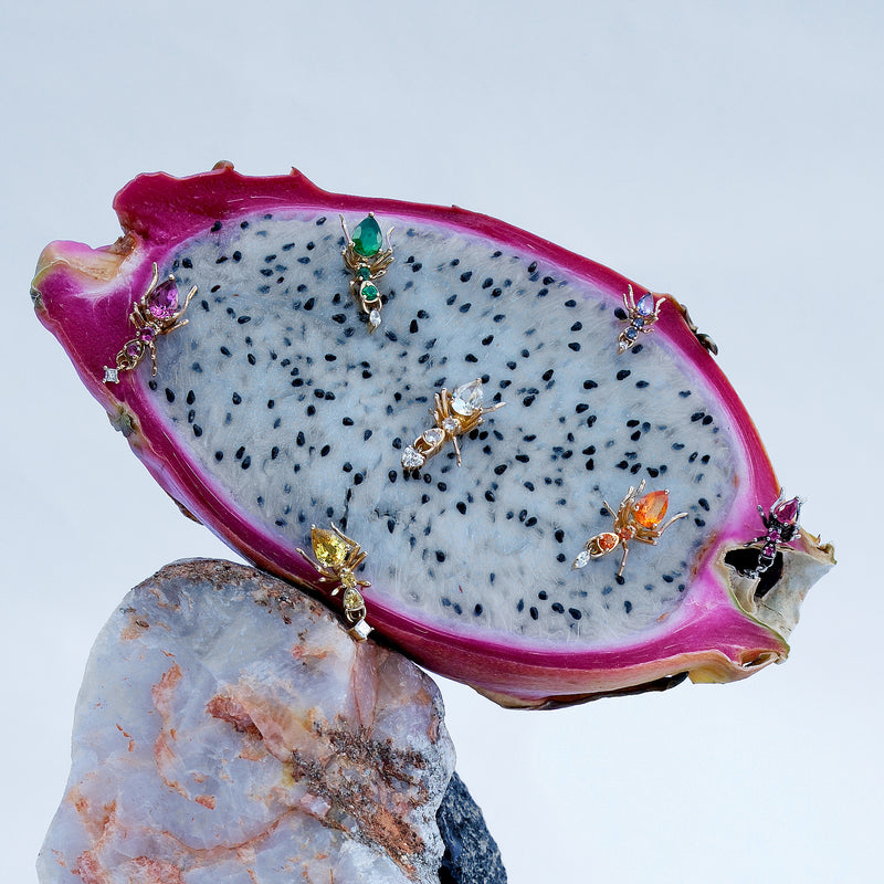 Cocoerow Kokoro Stud Earring 14K Yellow Gold Mexican Fire Opal Diamond Sculptural Fine Jewelry Concept Campaign