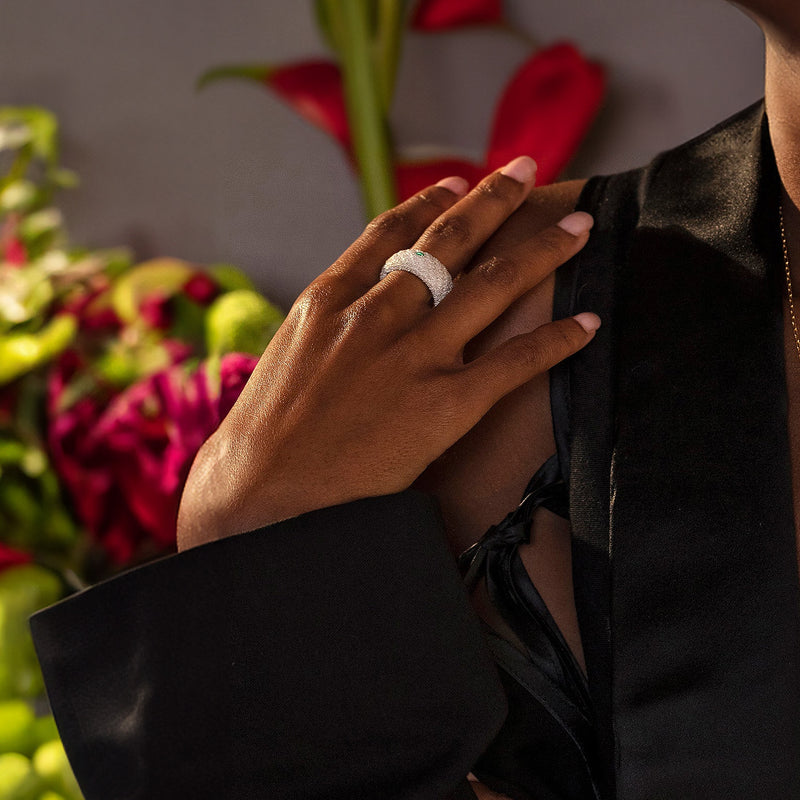 Cocoerow Nira Ring Okuta Collection Sterling Silver Green Emerald Sculptural Fine Jewelry On Model