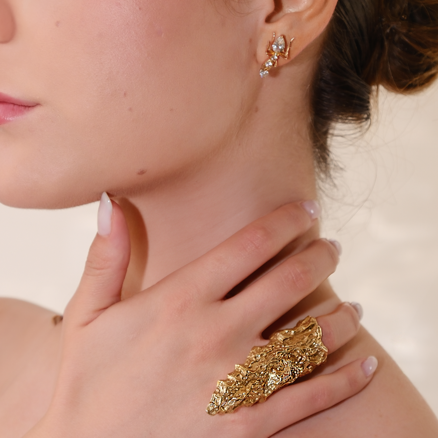 Cocoerow Nugget Ring Okuta Collection 14K Yellow Gold Diamonds Sculptural Fine Jewelry On Model
