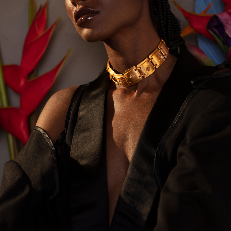 Cocoerow Oju Kokoro Choker 14K Yellow Gold Vermeil Aquamarine Diamond Sculptural Fine Jewelry Concept Campaign