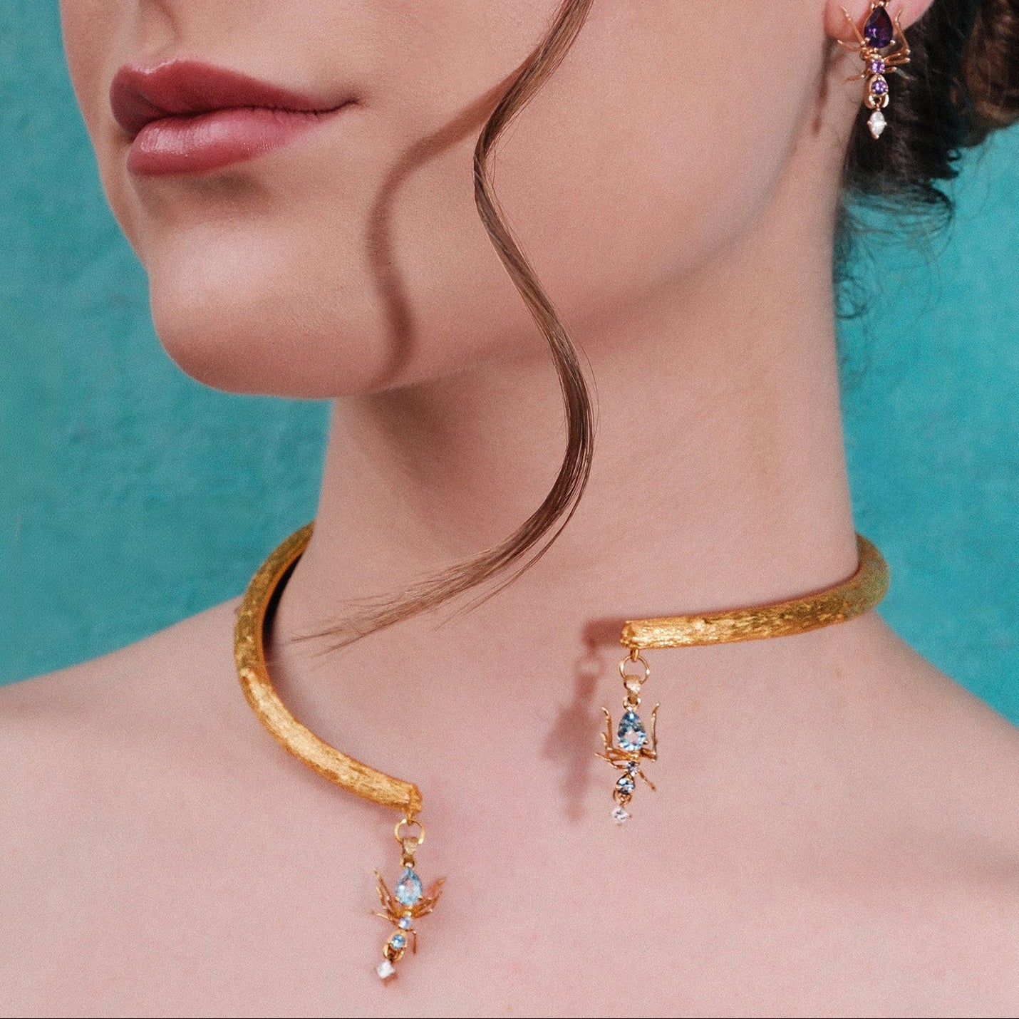 Cocoerow Tree Choker Kokoro Collection 14K Yellow Gold Aquamarine Pendants Sculptural Fine Jewelry